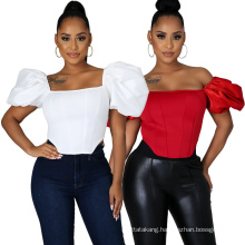 L99489 New Arrivals Fashion Women Solid Color Satin Puff Sleeve Crop Top